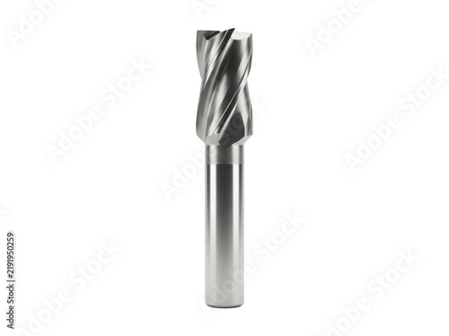 Precision metal end mill bit with spiral flutes mounted on a transparent background.