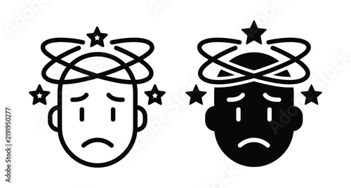 Dizzy person icon set showing head with spinning stars representing vertigo confusion concussion headache disorientation faint feeling sick and mental fatigue