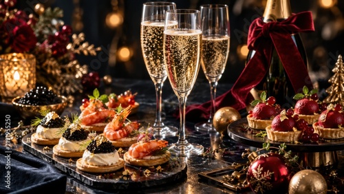 Festliche Weihnachtstafel mit Champagner, Kaviar, Garnelen und edlem Fingerfood zwischen roten und goldenen Dekorationen. Luxuriöses Arrangement für Weihnachten und Feiertage.