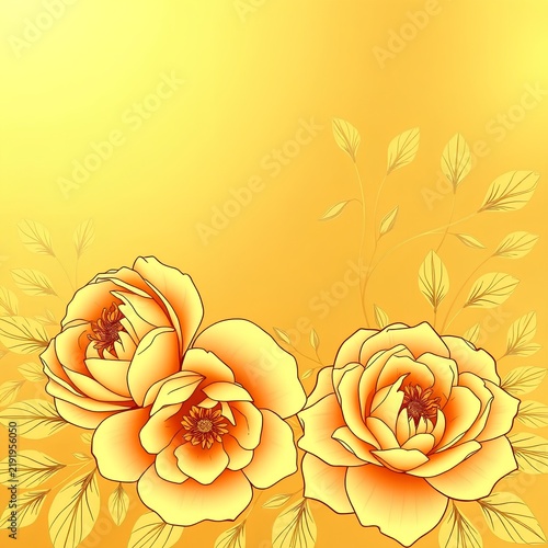 Golden roses with yellow leaves on a gradient background