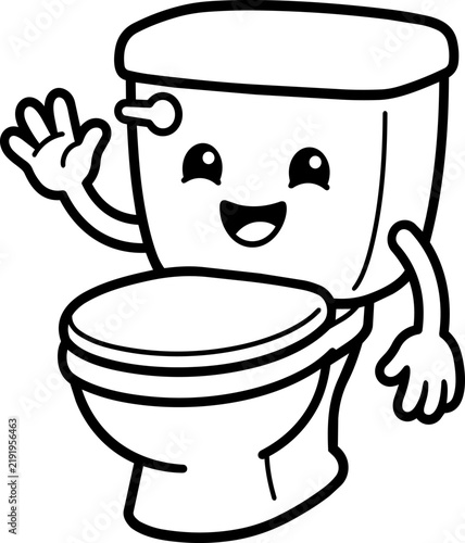 Cute cartoon toilet character with smiling eyes waving hand coloring page