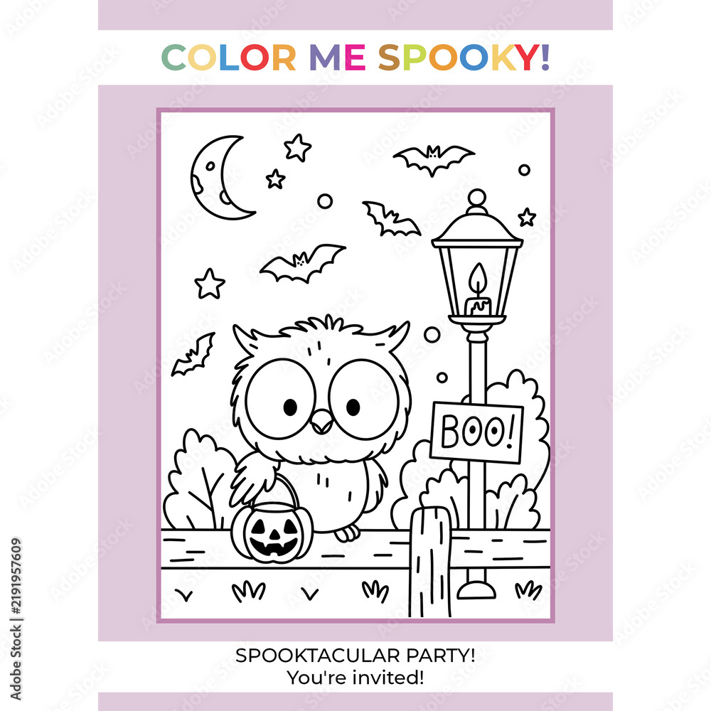 Obraz premium Cute halloween owl holding pumpkin basket color-in spooky celebration party invitation template