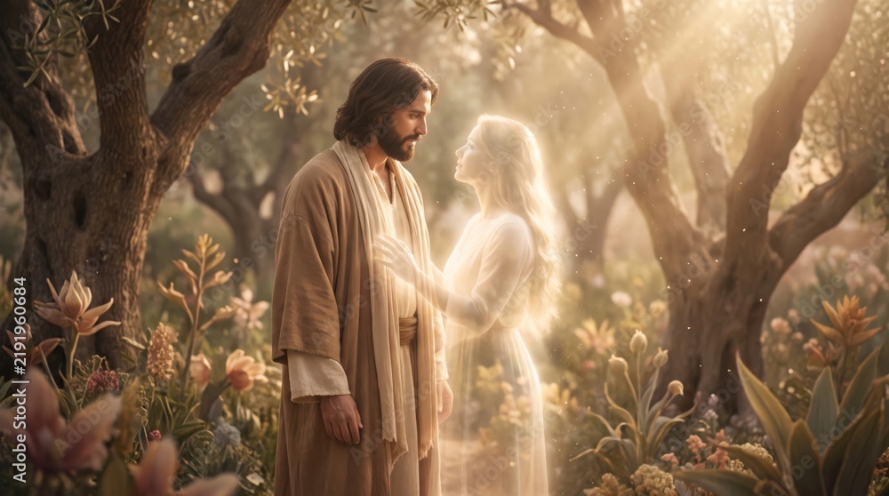 Fototapeta premium Jesus Christ gazes at a glowing spiritual woman in a tranquil garden. Golden light bathes the lush, ancient olive trees and abundant flowers.