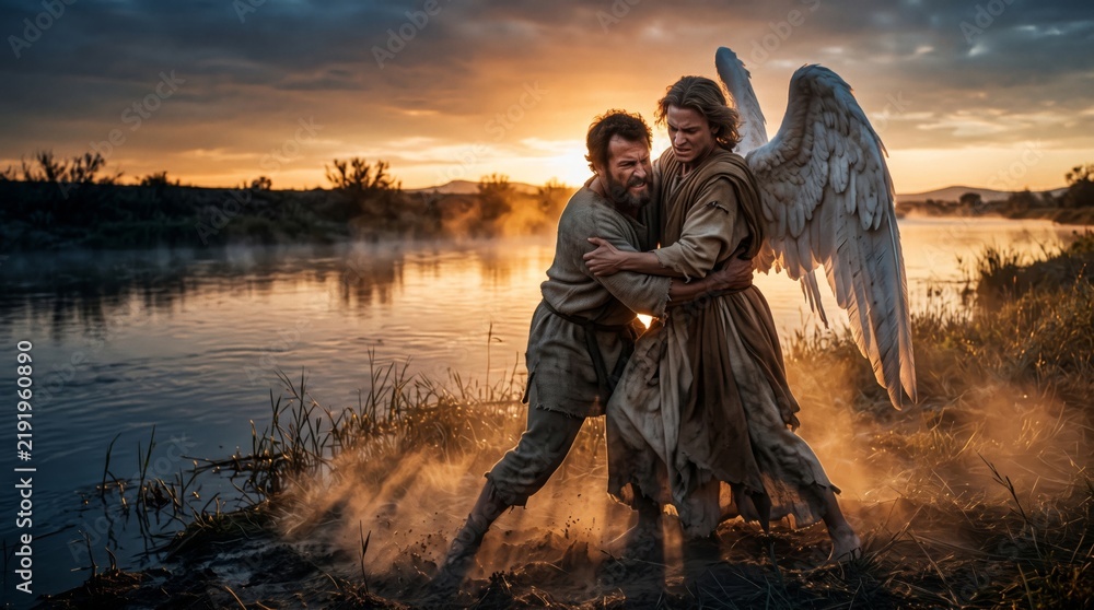 Fototapeta premium A bearded man wrestles with an angel by a river at sunset. Golden light illuminates the dramatic struggle in a misty, natural landscape.