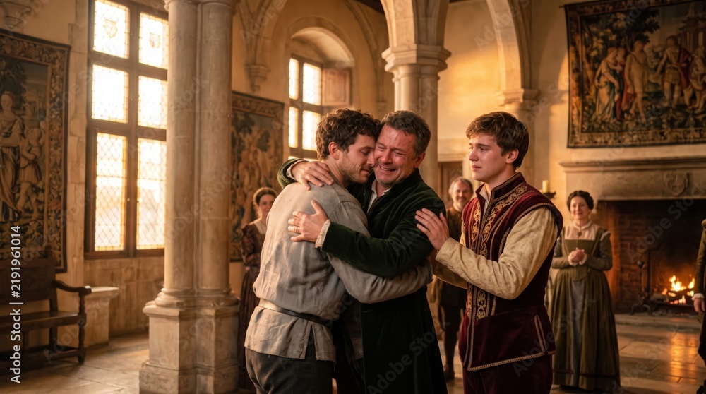 Obraz premium Prodigal son returns home as father embraces him with forgiveness in medieval castle hall. Young man in rags reunited with family in emotional scene.