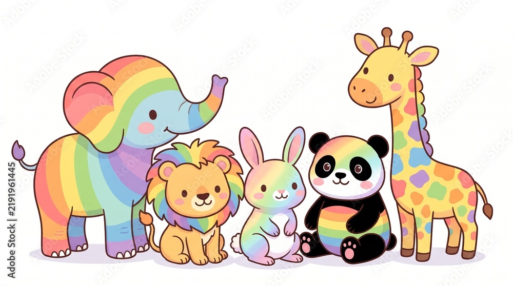Obraz premium Cute Colorful Baby Animals Group Cartoon Illustration for Kids