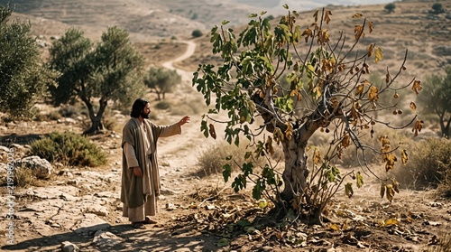 Jesus Christ pointing at withered fig tree in rocky desert landscape. Biblical parable scene with barren tree and olive groves.