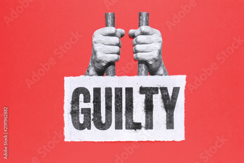 Foto Collage art of hands gripping prison bars behind guilty paper cutout