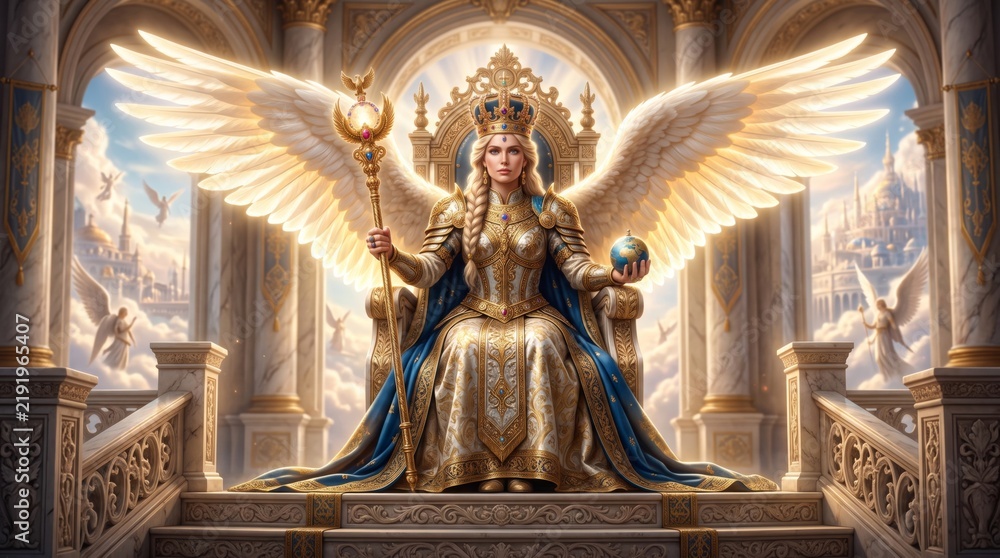 Fototapeta premium Majestic angel woman queen with white wings sitting on golden throne in heavenly palace. Regal fantasy goddess holding scepter and globe in divine paradise.