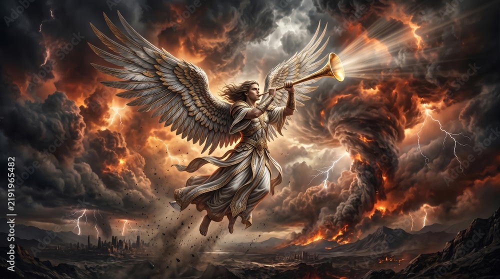 Fototapeta premium Archangel blowing trumpet amid apocalyptic storm. Angel with white wings flies over burning landscape with lightning and dark clouds.