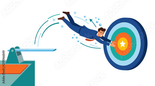 Businessman in a navy suit diving headfirst from a blue springboard toward a colorful concentric target bullseye, flat vector illustration representing bold ambition on plain white