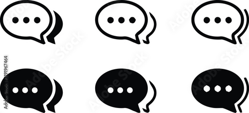 Set of three black speech bubbles with ellipsis icons on a white background representing communication and dialogue concepts