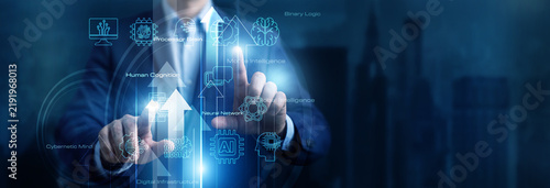 Scientist touching icon and word Artificial Intelligence on a futuristic global network dashboard projecting machine learning algorithms. Next generation computing systems and automation.