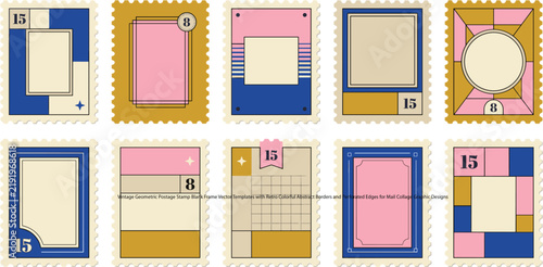 Vintage Geometric Postage Stamp Blank Frame Vector Templates with Retro Colorful Abstract Borders and Perforated Edges for Mail Collage Graphic Designs