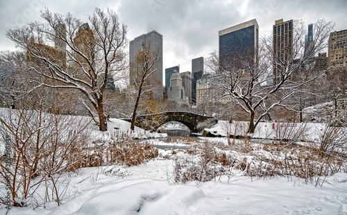 Gapstow Bridge in Central Park, snowstorm