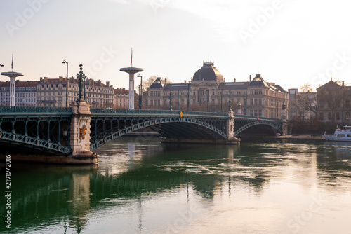 Iconic Pont de la Mulatiere bridge over the Sona River in Lyon, France