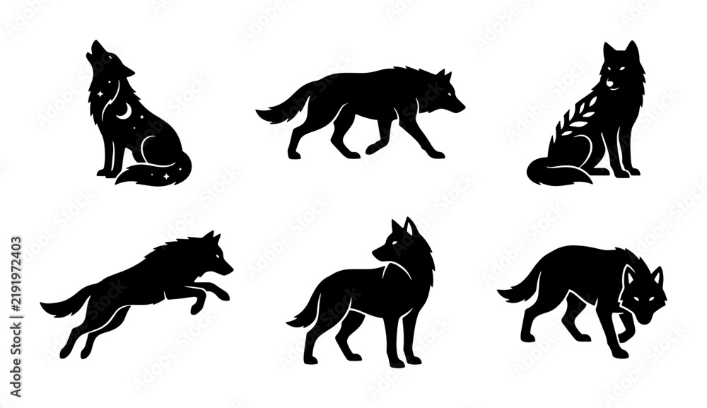 Obraz premium Wolf Silhouettes Vector Set: Howling, Running, Sitting Wild Animals Collection