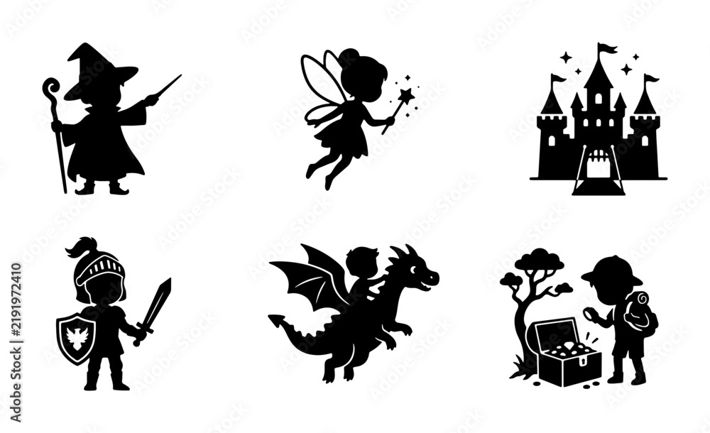 Fototapeta premium Fantasy Icons Set: Wizard, Fairy, Castle, Knight, Dragon Rider, Treasure Hunter Vector Graphics