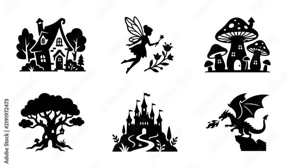Fototapeta premium Fantasy Vector Icons: Fairy, Dragon, Castle, Mushroom House, Enchanted Tree, Cottage