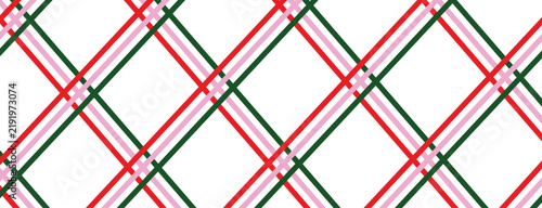 Seamless diagonal plaid pattern with red green and pink lines on white background