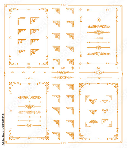Collection of golden corner ornaments and ornate borders for classic page layout design.
