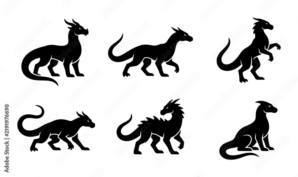 Obraz premium Mythical Dragon Silhouettes, Fantasy Creature Icons, Black Vector Art for Legends and Folklore