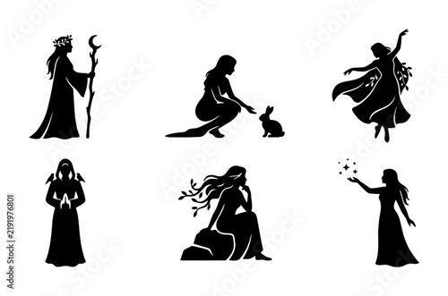 Obraz na plátne Mythical Women Silhouettes Collection: Goddesses, Fairies, Enchantresses, 6 Vect