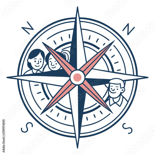 Group of people inside a nautical compass navigation icon with navigation