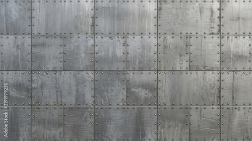 Seamless industrial metal texture background. Grey metallic panel pattern with subtle weathering, rivets, and natural light. High resolution, screws, rough, architectural