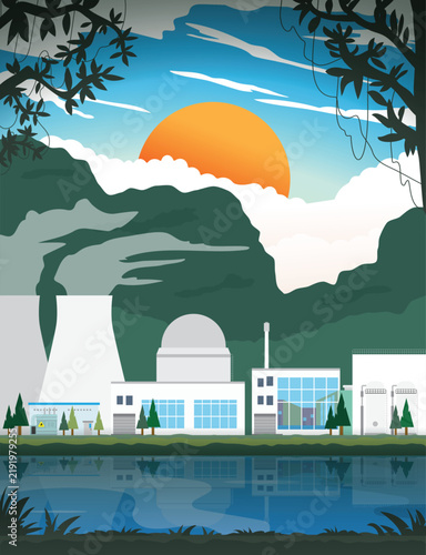 Nuclear Energy, Nuclear power plant in landscape view graphic