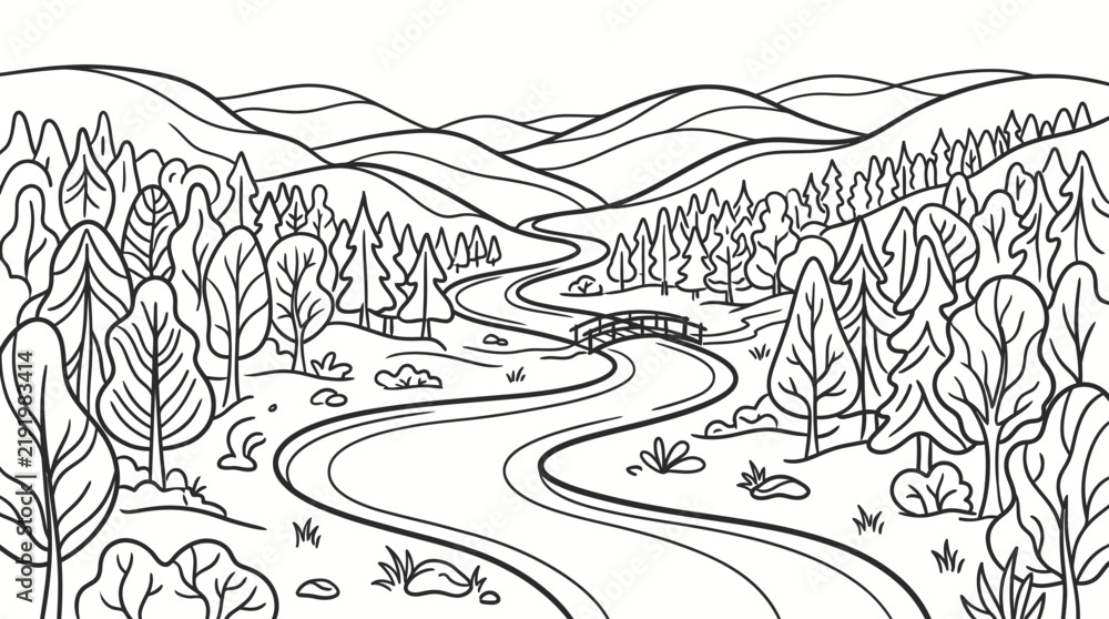 Fototapeta premium Black and white line art illustration of a winding river flowing through a forested valley with rolling hills in the background, perfect for coloring.