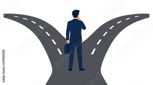 Businessman seen from behind holding a briefcase while standing at a paved road fork splitting into two diverging paths, business decision and career choice concept vector illustration