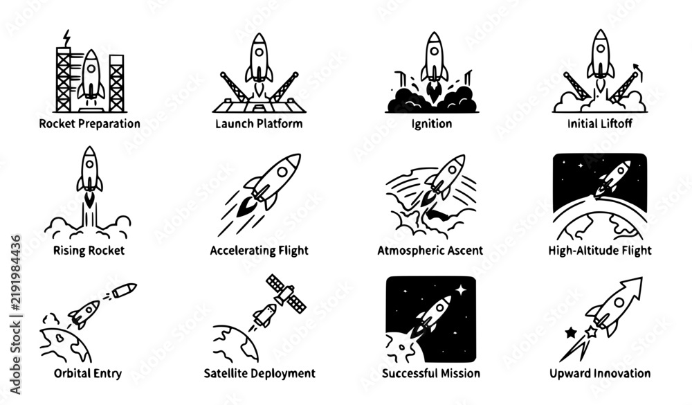 Fototapeta premium Black Rocket Launch Stage Icon Set for Startup Branding Technology Innovation Business Presentation and Creative Digital Vector Projects