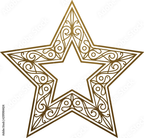 Ornamental gold star frame with intricate filigree swirl pattern on white background