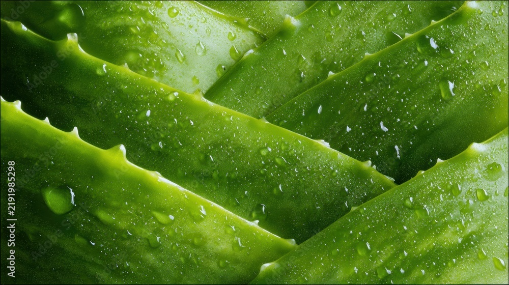 Naklejka premium Closeup aloe leaf with ellipsoid water beads and fleshy texture, soft shallow depth of field emphasizes smooth skinlike surface, calm green tones deliver minimalist cosmetic background for hydration