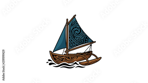 Traditional wooden sailboat with patterned blue sail.