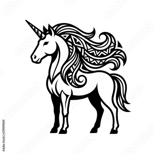 Tribal unicorn silhouette with geometric patterns.