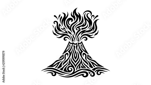 Tribal volcano illustration with smoke clouds.