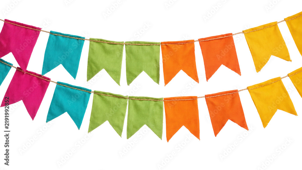 Fototapeta premium Colorful fabric pennant flags strung on twine, isolated on transparent background