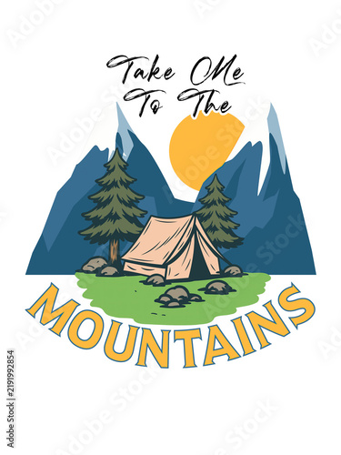 T-SHIRT DESIGN.
Vintage style illustration of a tent nestled between majestic mountains under a golden sun
