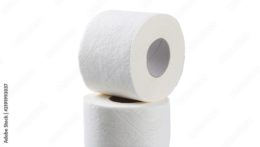Fototapeta premium Two stacked white textured toilet paper rolls, isolated on transparent background