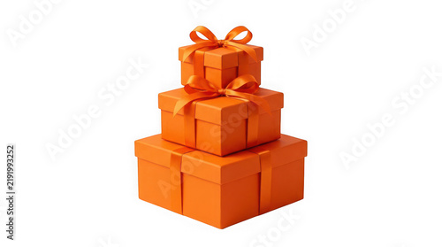 A stack of three orange gift boxes with ribbons isolated on transparent background