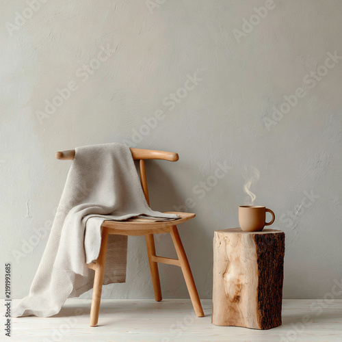 Cozy chair setup with blanket and steaming cup on wooden stump in minimalistic indoor space