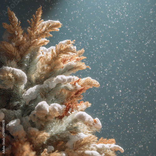 Snowfall gently covers a frosted pine tree in a serene winter atmosphere during daytime hours