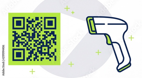 A digital barcode scanner reads a green qr code graphic on a light grey background with background small plus square code against beams light
