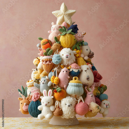 Festive handcrafted tree adorned with colorful pom-poms and cute animal decorations for the holiday season