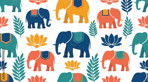 Photography Seamless pattern with colorful elephants and lotus flowers in a flat vector styl