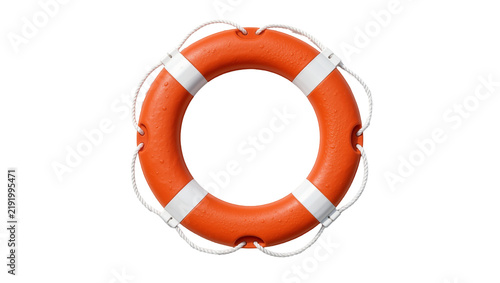 Cuadro en lienzo Orange life preserver ring with white stripes and rope, isolated on transparent