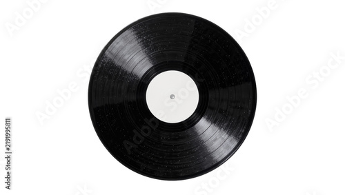 Black vinyl record with white label, isolated on transparent background