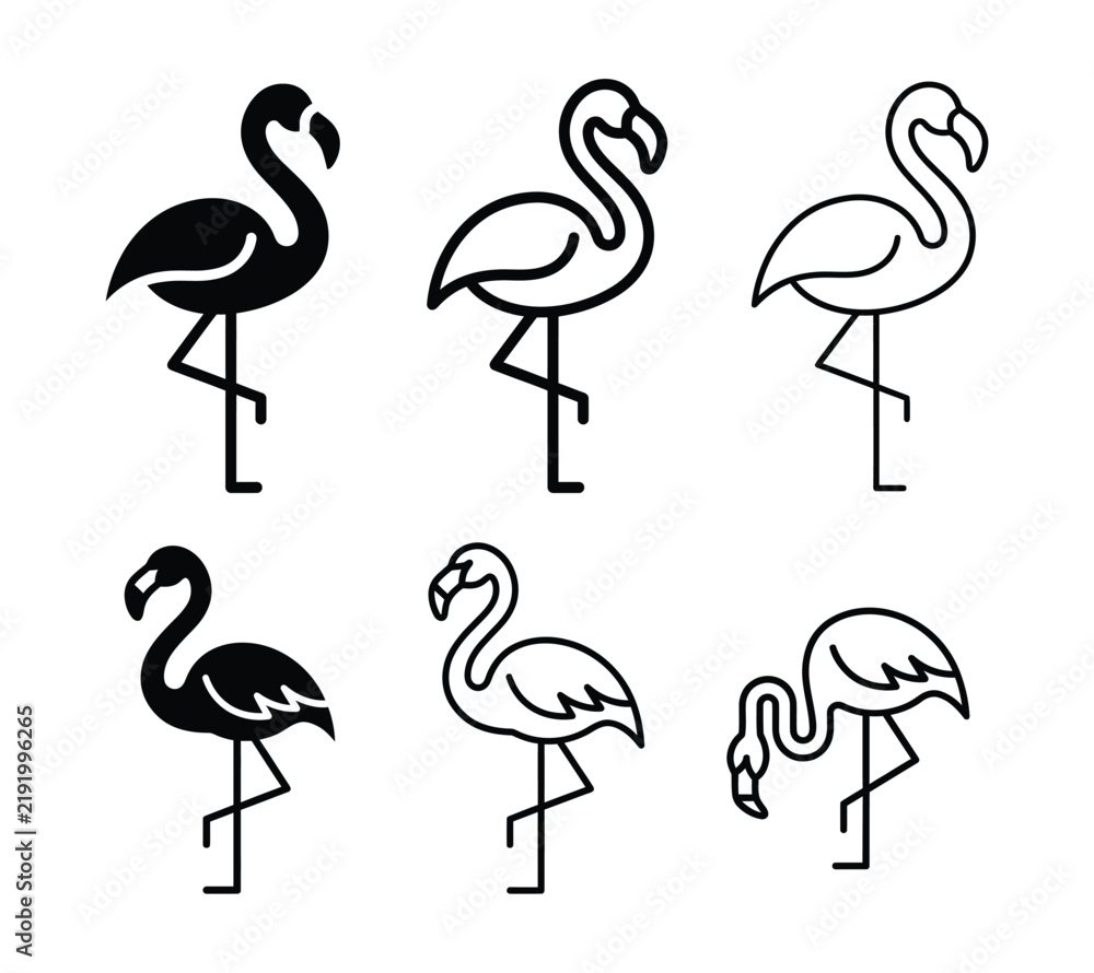 Fototapeta premium Flamingo silhouettes in various poses on a white background vector illustration for tropical themes